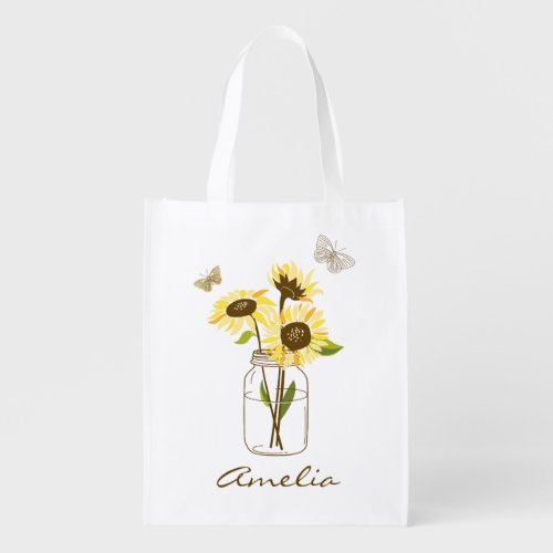 Sunflowers in Mason Jar Personalized Grocery Bag