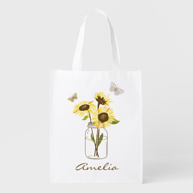 Sunflowers in Mason Jar Personalized Grocery Bag (Front)