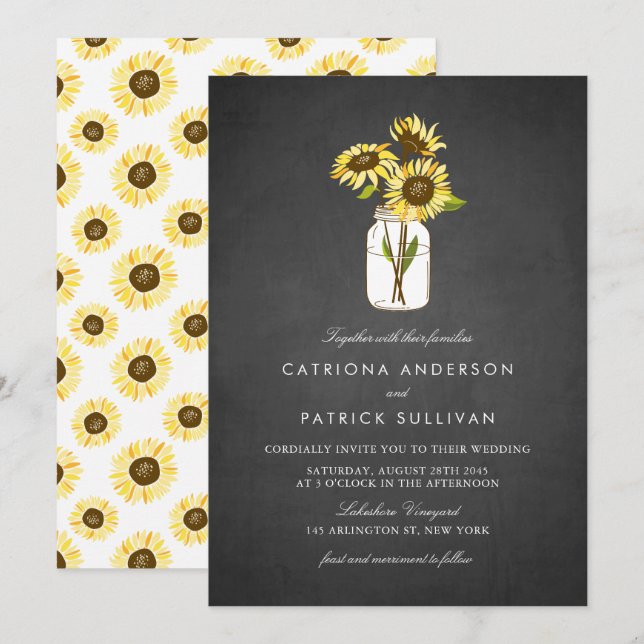 Sunflowers in Mason Jar Rustic Chalkboard Wedding Invitation (Front/Back)