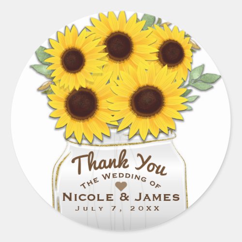 Sunflowers in Mason Jar Rustic Chic Bridal Shower Classic Round Sticker