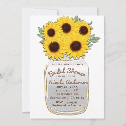 Sunflowers in Mason Jar Rustic Chic Bridal Shower Invitation