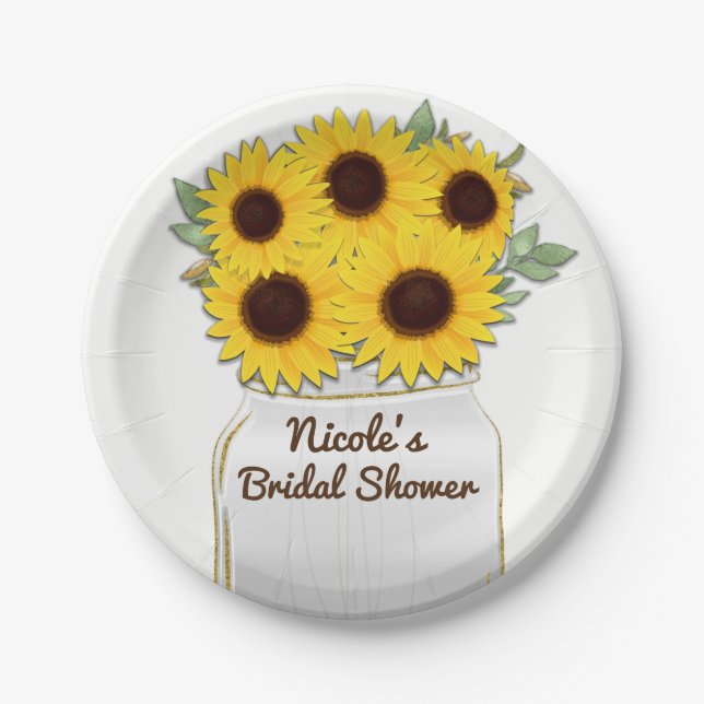 Sunflowers in Mason Jar Rustic Chic Bridal Shower Paper Plates (Front)