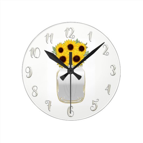 Sunflowers in Mason Jar Rustic Glam Personalized Round Clock