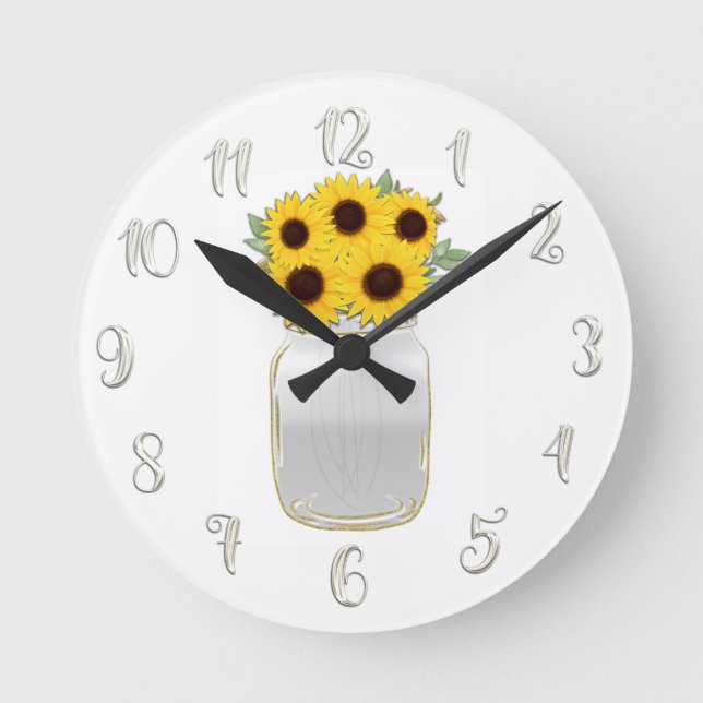 Sunflowers in Mason Jar Rustic Glam Personalized Round Clock (Front)