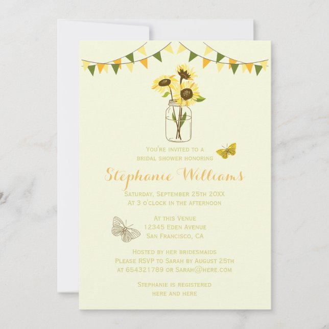 Sunflowers in Mason Jar w/ Butterflies & Bunting Invitation (Front)
