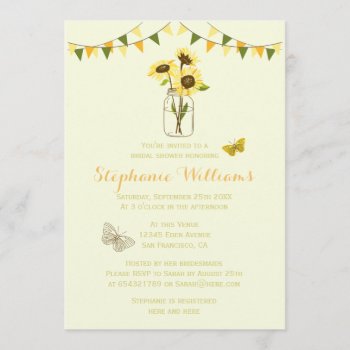 Sunflowers In Mason Jar W/ Butterflies & Bunting Invitation by Eugene_Designs at Zazzle