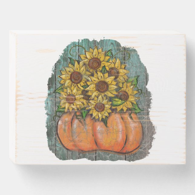Sunflowers in Pumpkin Wooden Box Sign (Front Horizontal)