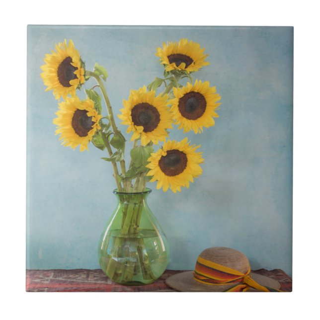 Sunflowers in vase on table tile (Front)