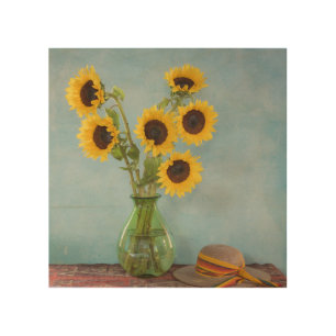 Sunflowers in vase on table wood wall art
