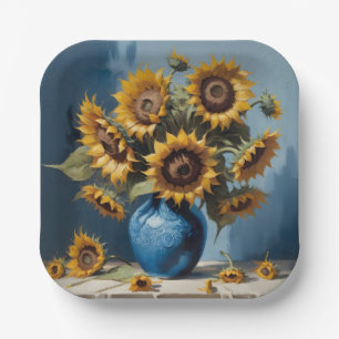 Sunflowers in vase paper plates