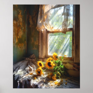 Sunflowers in Vase Window Sill Scene #SFW1016 Poster