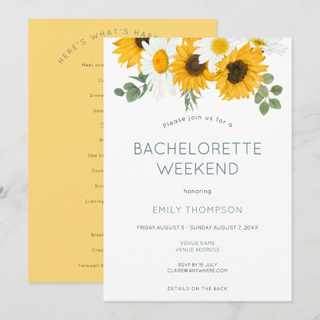 Sunflowers Itinerary Bachelorette Party Weekend Invitation (Front/Back)