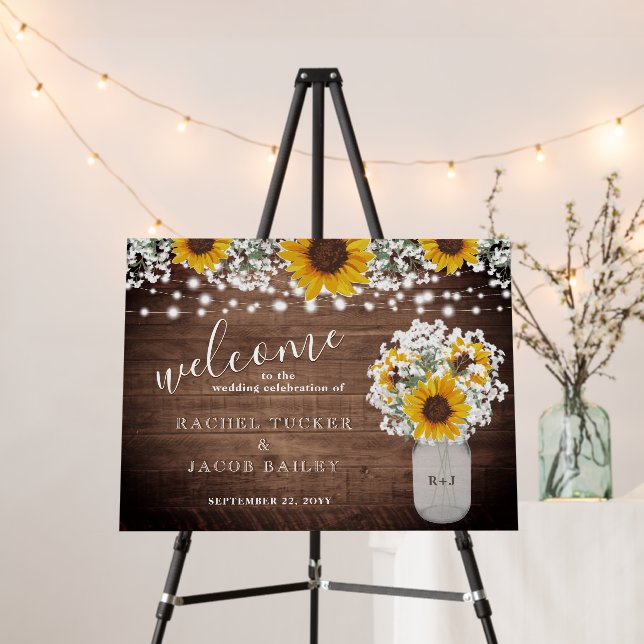 Sunflowers Jar Lights Welcome Wedding Reception Foam Board (In Situ (Stand))