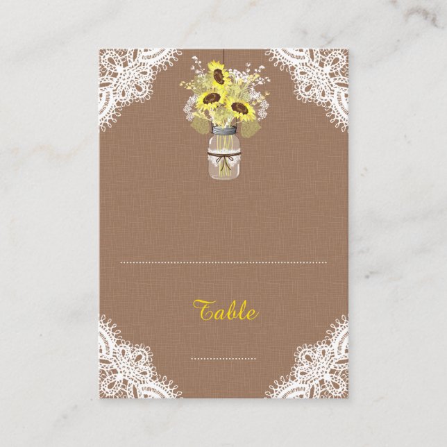 Sunflowers Lace Jar Rustic Wedding Place Cards (Front)