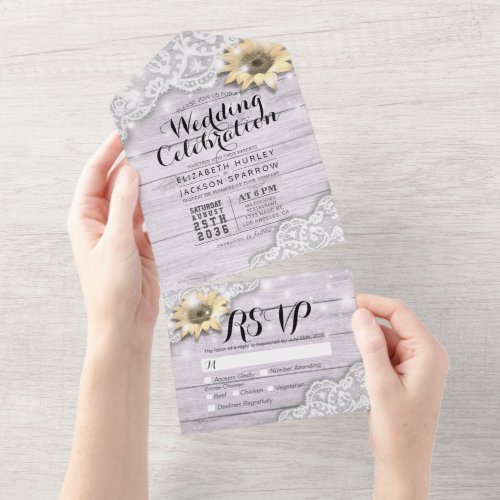 Sunflowers Lace Rustic Wood String Lights Wedding  All In One Invitation