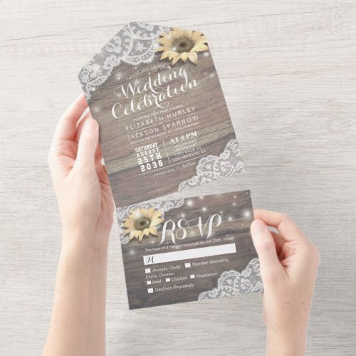 Sunflowers Lace Rustic Wood String Lights Wedding All In One Invitation