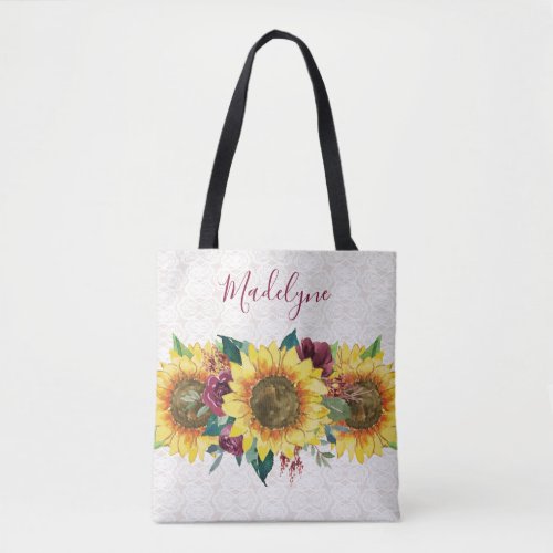 Sunflowers Lace Watercolor Burgundy Floral Tote Bag