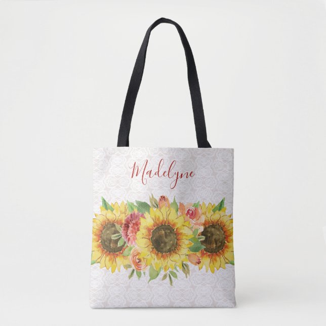 Sunflowers Lace Watercolor Floral Tote Bag (Front)