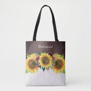 Sunflowers Lace Wood Burgundy Flowers Bridesmaid Tote Bag
