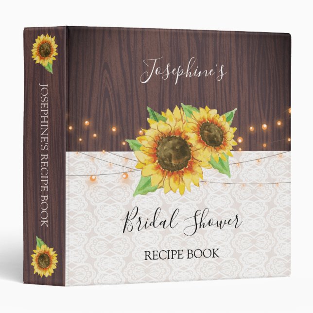 Sunflowers Lace Wood Lights Bridal Shower Recipe 3 Ring Binder (Front/Spine)