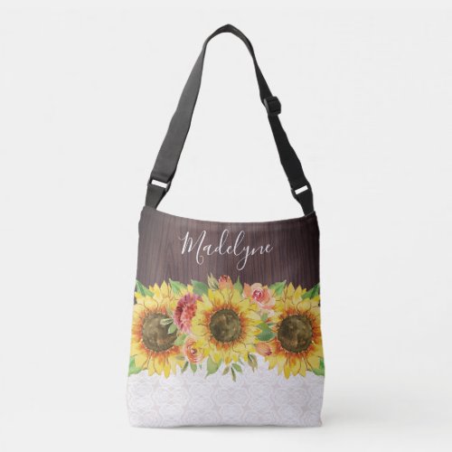 Sunflowers Lace Wood Rustic Floral Crossbody Bag