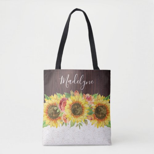 Sunflowers Lace Wood Rustic Floral Tote Bag