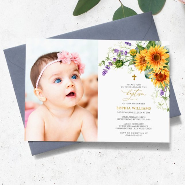 Sunflowers & Lavander Photo Baptism Invitation (Creator Uploaded)
