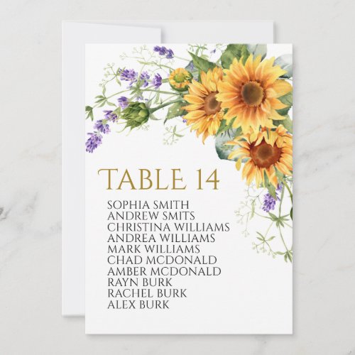 Sunflowers  Lavander  Wedding Seating Chart Cards