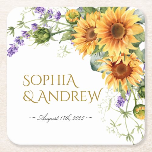 Sunflowers  Lavander Wedding Square Paper Coaster