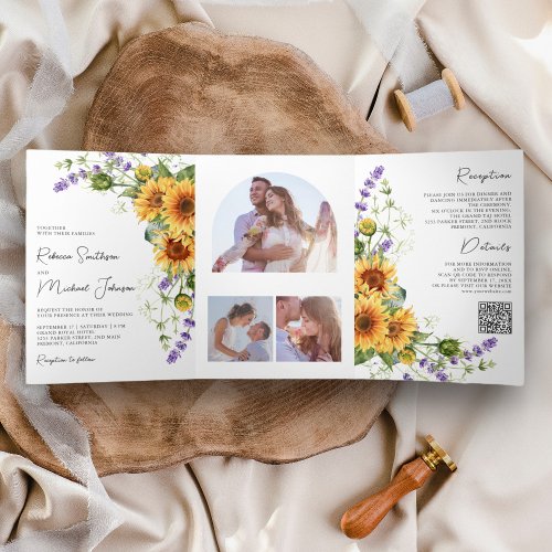 Sunflowers Lavender All in One QR Code Wedding Tri_Fold Invitation