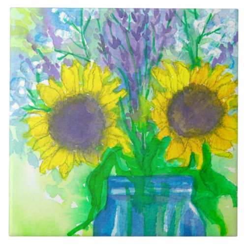 Sunflowers Lavender Babys Breath Bouquet Tile