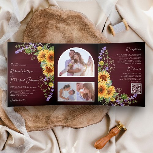 Sunflowers Lavender Burgundy QR Code Wedding Tri_Fold Invitation