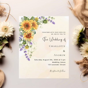 Sunflowers lavender florals wedding invitation