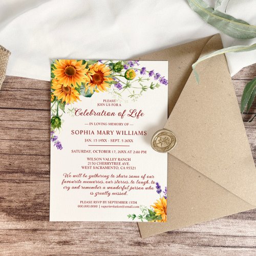 Sunflowers  Lavender Funeral Celebration of Life Invitation