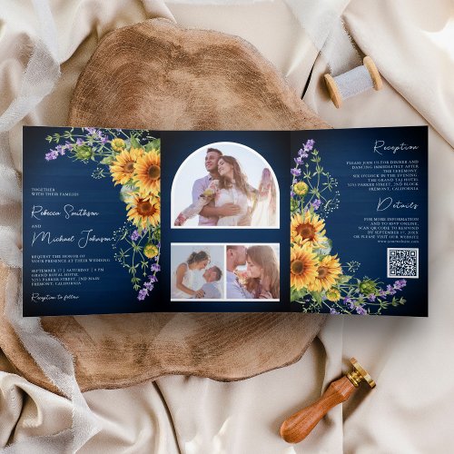 Sunflowers Lavender Navy Blue QR Code Wedding Tri_Fold Invitation
