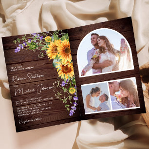 Sunflowers Lavender QR Code Wood Wedding Invitation