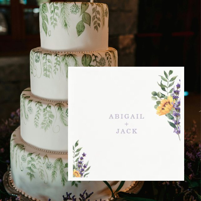 Sunflowers Lavender Wedding Personalized Cocktail Napkins (Creator Uploaded)