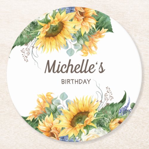 Sunflowers Leaves Birthday Party Name White Round Paper Coaster