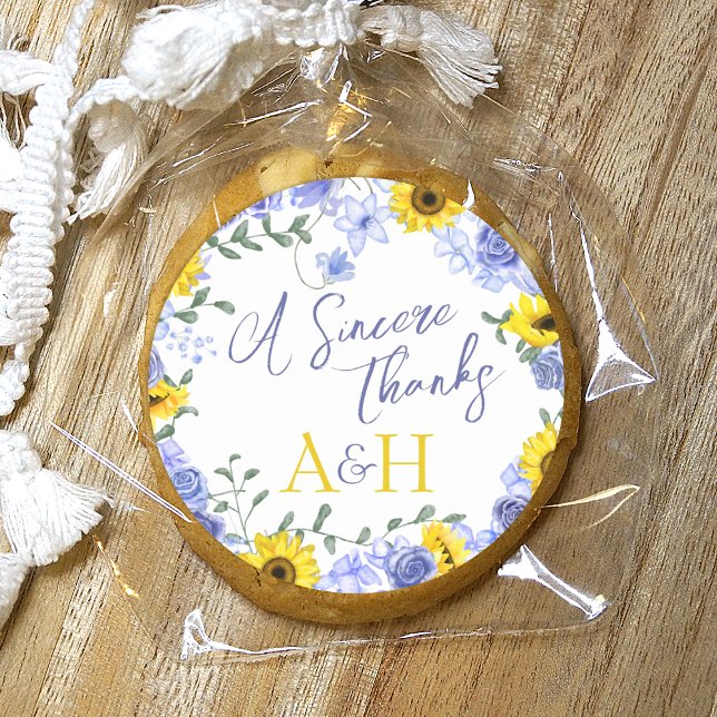 Sunflowers & Light Blue Floral Wreath Wedding Classic Round Sticker (yellow sunflowers, dusty blue roses wedding favor sticker, label for cookies, treats and gifts)
