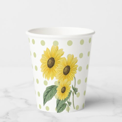 Sunflowers Light Green Polkadots on White Custom P Paper Cups
