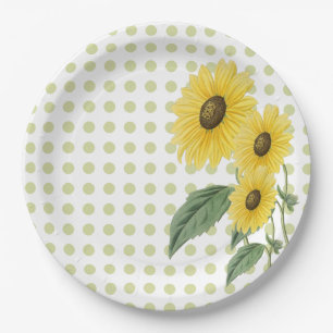Sunflowers Light Green Polkadots on White Custom  Paper Plates