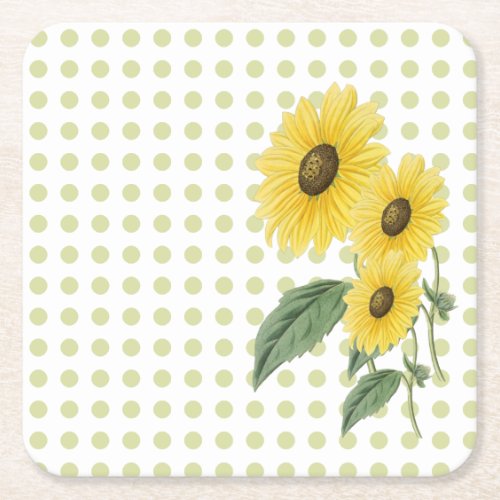 Sunflowers  Light Green Polkadots on White Custom Square Paper Coaster