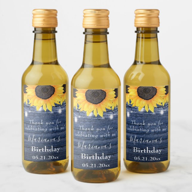 Sunflowers Lights Blue Birthday Party Favor Mini Wine Label (Bottles)