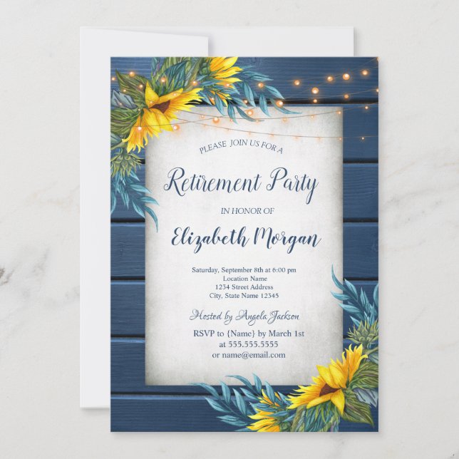 Sunflowers,Lights, Navy Blue Wood Retirement Invitation (Front)