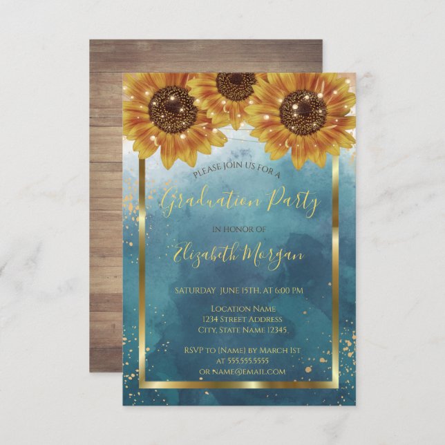 Sunflowers,Lights, Wood,Confetti Graduation Party  Invitation (Front/Back)