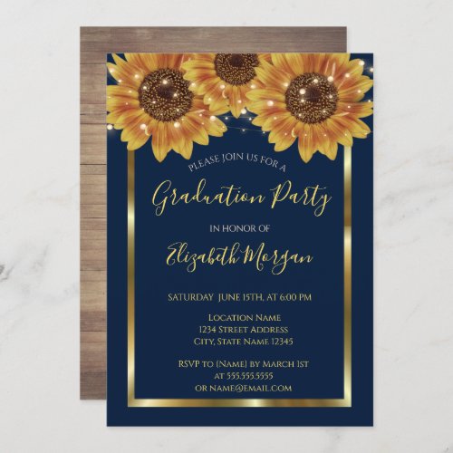 SunflowersLights Wood Frame Graduation Party Invitation