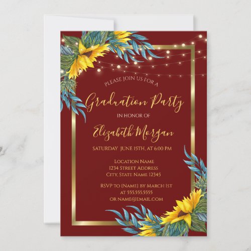 SunflowersLights Wood Red Graduation Party Invitation