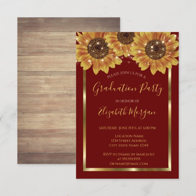 Sunflowers,Lights, Wood, Red Graduation Party  Invitation (Front/Back)