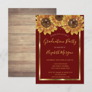 Sunflowers,Lights, Wood, Red Graduation Party  Invitation