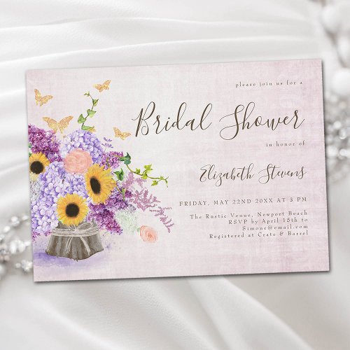 Sunflowers Lilac Hydrangea Wood Chic Bridal Shower Invitation